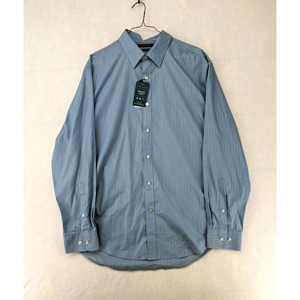 Perry Ellis Travel Luxe Non-Iron Blue Striped Dress Shirt Men's Size XL 34/35